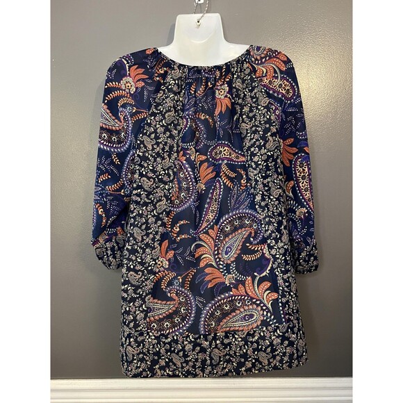 Chaps Shirt Womens Medium Blue Paisley Boho Tunic Top 3/4 Sleeve Lightweight - Picture 5 of 6